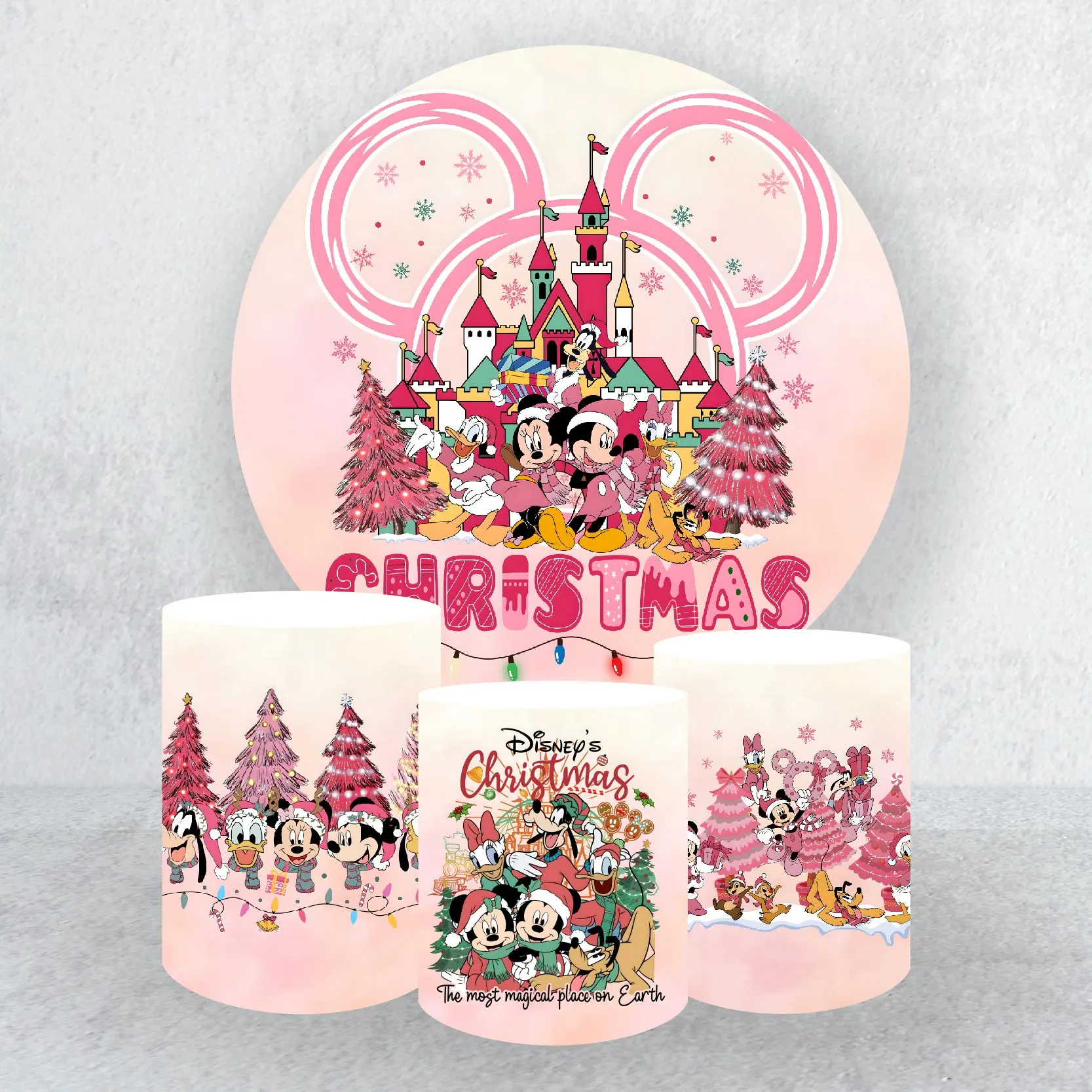 Minne Mickey Merry Christmas Round Backdrop Cover and Cylinder Covers for Christmas Party Photograph Background Wall Decoration