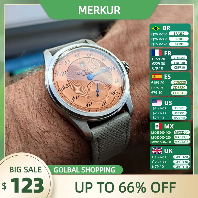 Spot goederen NIEUWE Pierre Paulin Jumping Hour Mannen Horloge Zalm Wijzerplaat Automatische St17 Mechanisch Horloge Vintage Datumvenster 38mm