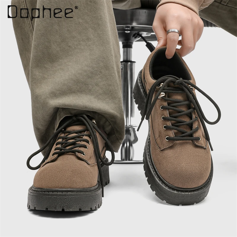 

2025 Spring and Autumn Round Toe Casual Black Leather Shoes American Retro Men's Hidden Height Increase Workwear Brown Shoes