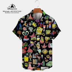 Summer new fashion Harajuku street SpongeBob cartoon print trend all-match men's lapel short-sleeved shirt tops Y2K