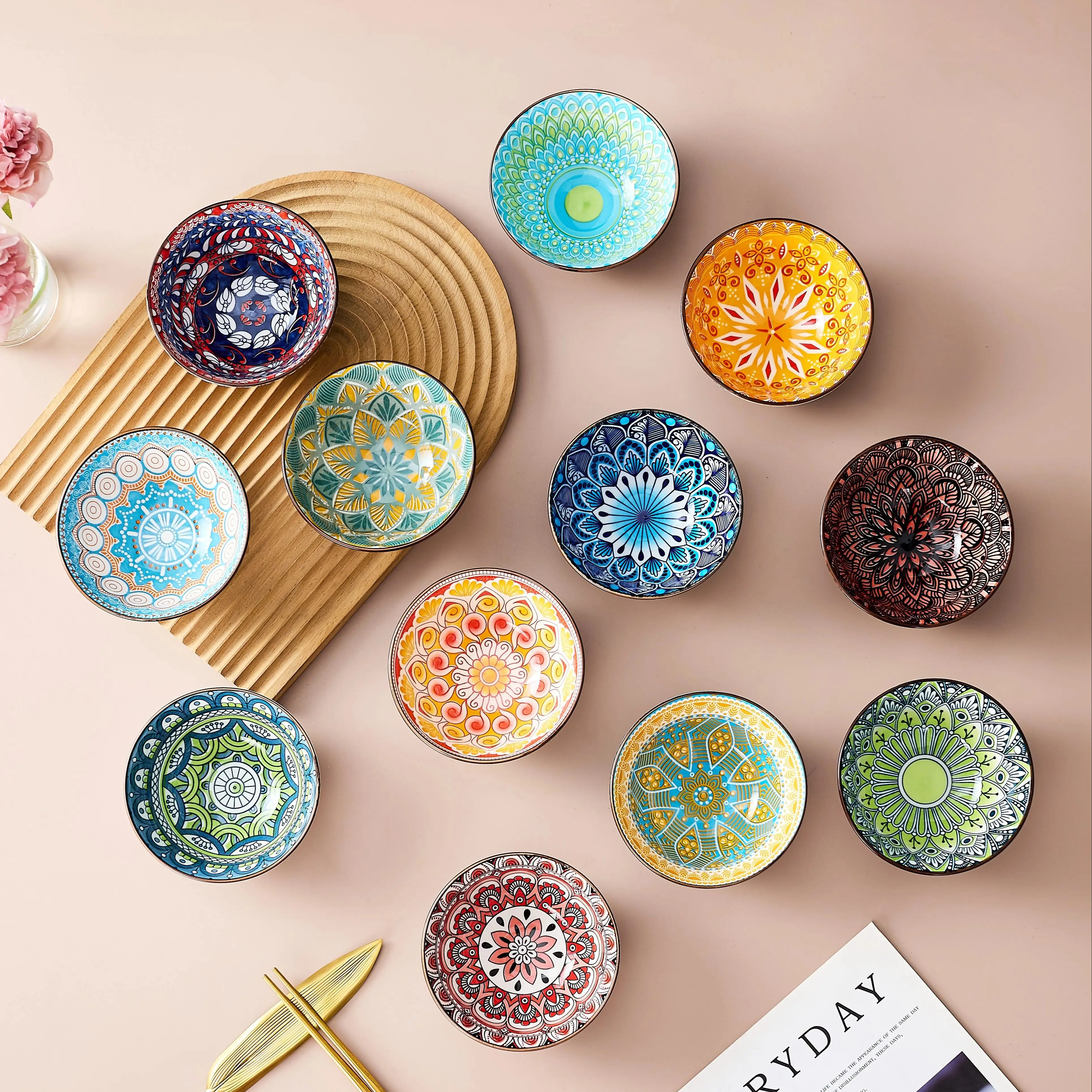 

12-Piece Bohemian Colored Ceramic Bowl Set, Multi-Use for Cereal, Soup, Salad, Microwave & Dishwasher Safe, Housewarming Gift