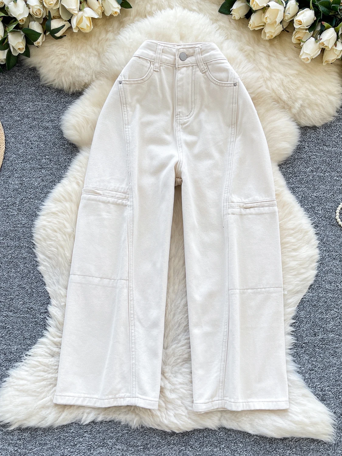 

American Retro Cool Spicy Light Blue Jeans Women's High Waist Loose Wide Leg Cover Hip Splice Floor-Length andmother Pants