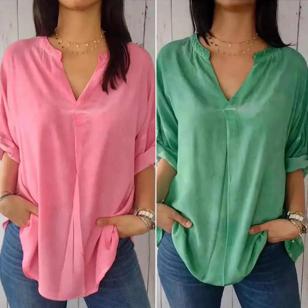 Camisa holgada con cuello en V para mujer, Tops elegantes con media manga, diseño de abertura trasera, ajuste suelto sólido para diario