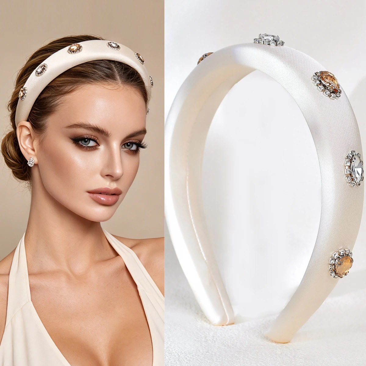 

Роскошная повязка на голову ручной работы с кристаллами и шелковой губкой, объемная, для повседневного использования, женский аксессуар для волос SA112