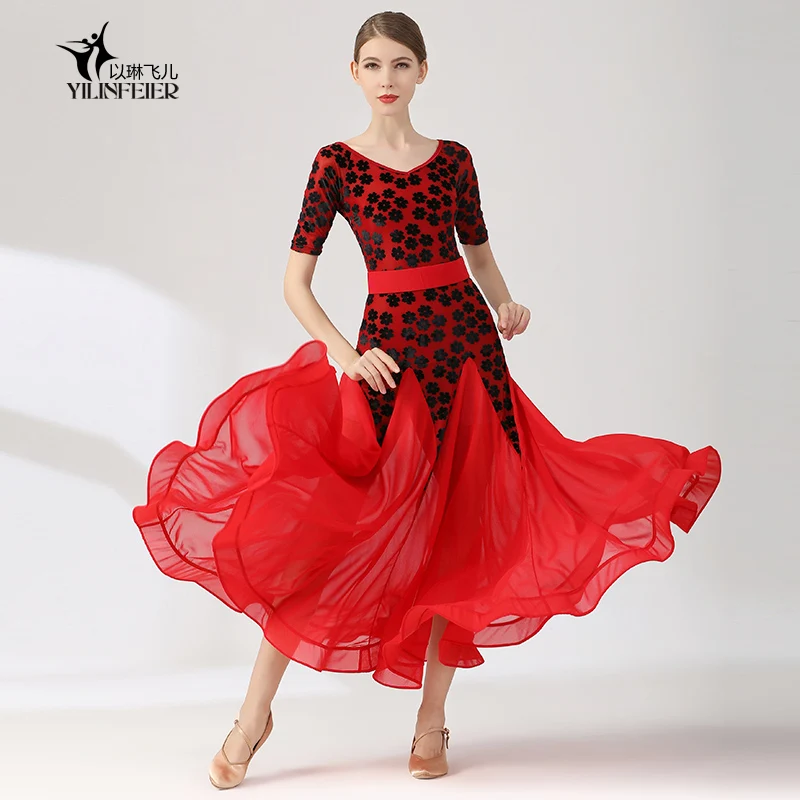 Modern National Standard Dance Dress Velvet Medium Sleeve Social Ballroom