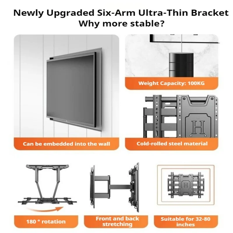 Universal TV Wall Mount Bracket Tilt Adjustable Strengthen 40''-90'' TV Stand Holder Load Up To 85kg VESA 200*200mm Customized