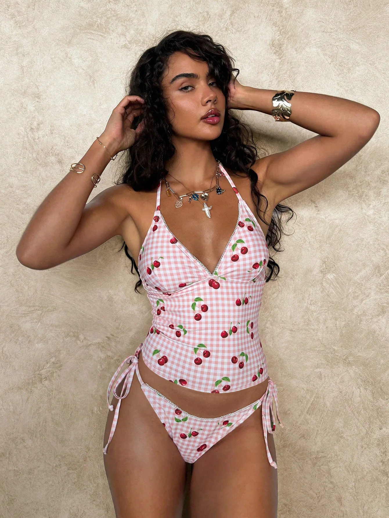 AW Pink Cherry Bikini Set Push Up Mesh Lace Up Sexy Swimwear Wrap Print Pattern Spice Girls Swimsuit
