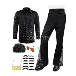 Men's Disco King Costume & Women's 70's Disco Fever Mamma Outfit Novelty Clothing for Parties & Festivals include shirt/wig