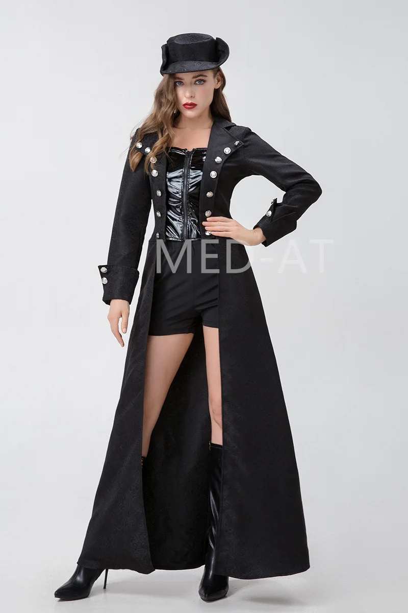 Steampunk Women Costume Set Black Double Breast Trench Coat Halloween Pirate Cosplay Medieval Ladies Swordsman Carnival Outfit