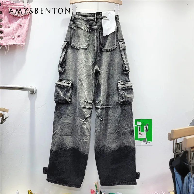 Trendy Heavy Industry Big Pocket Cargo Pants Women High Sense Distressed Hot Girl High Waist Casual Jeans Woman Street Pants