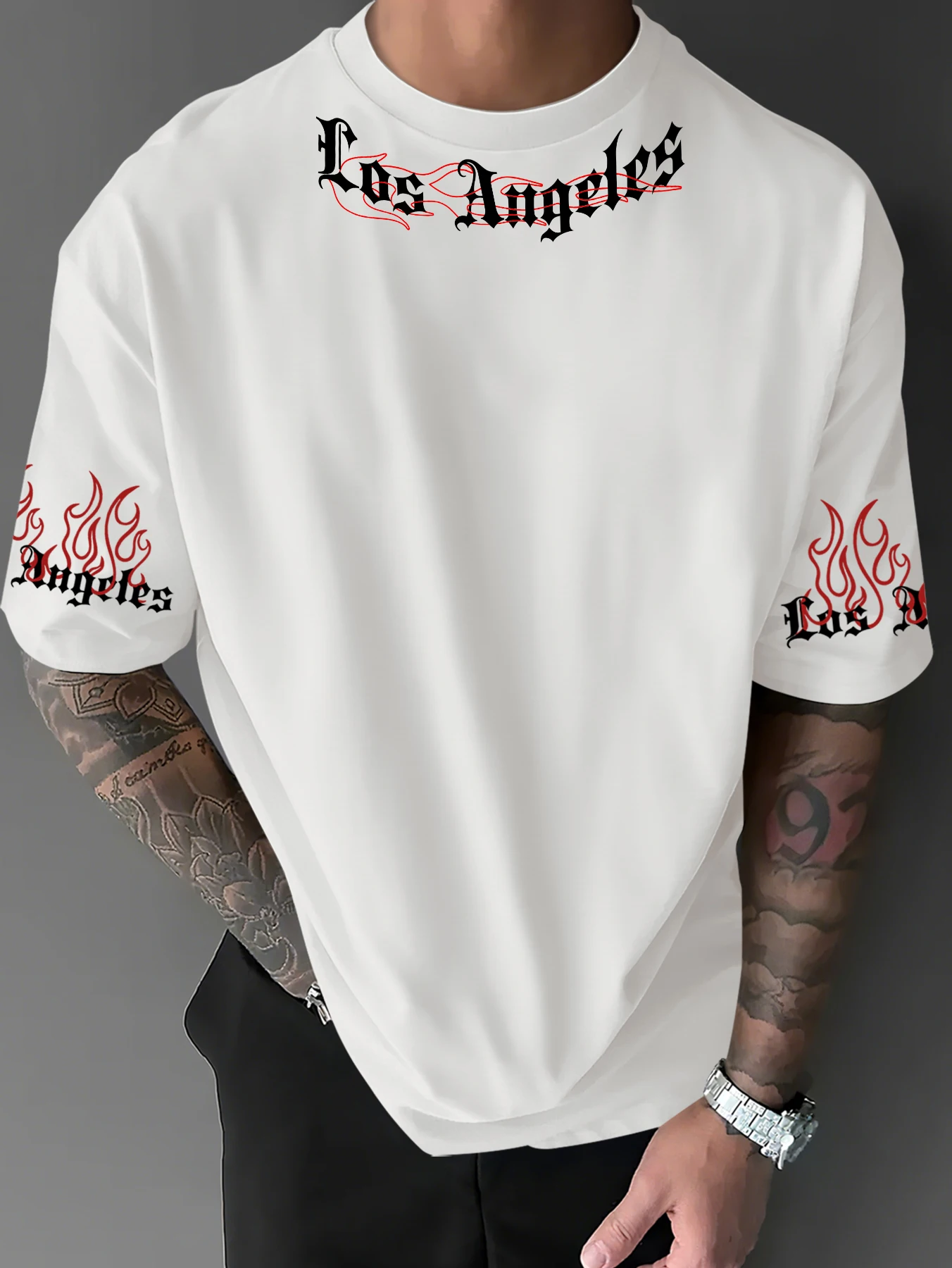 Edgy Los Angeles Gothic Script & Fire Graphic T-Shirt