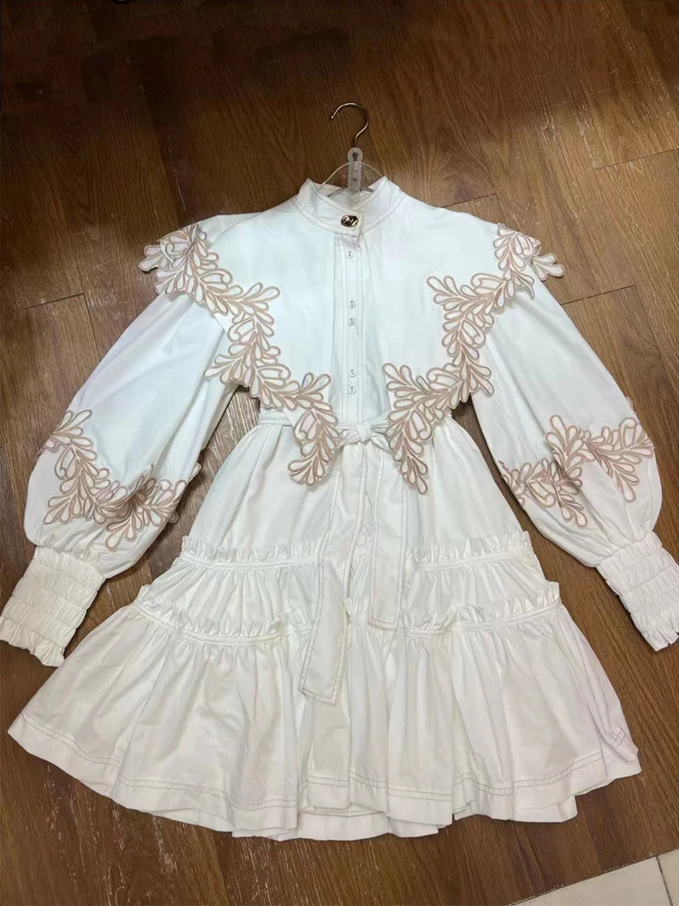 SEQINYY White Mini Dress Summer Spring New Fashion Design Women Runway High Street Ruffles Embroidery Flower Casual Belt