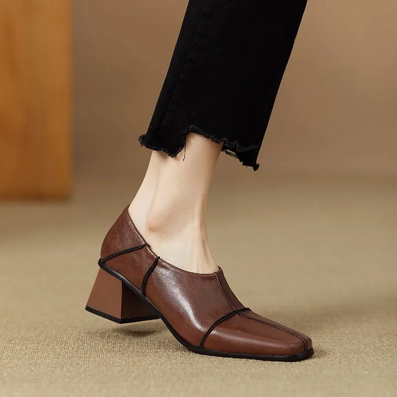 

Retro Square Toe High Heeled Single Shoes Women's 2025 New British Style Block Heel Versatile Loafers