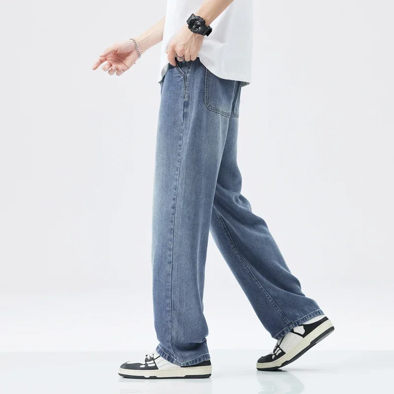 Moda coreana masculina high street casual em linha reta lyocell tecido calças jeans baggy simples masculino calças largas jeans vintage