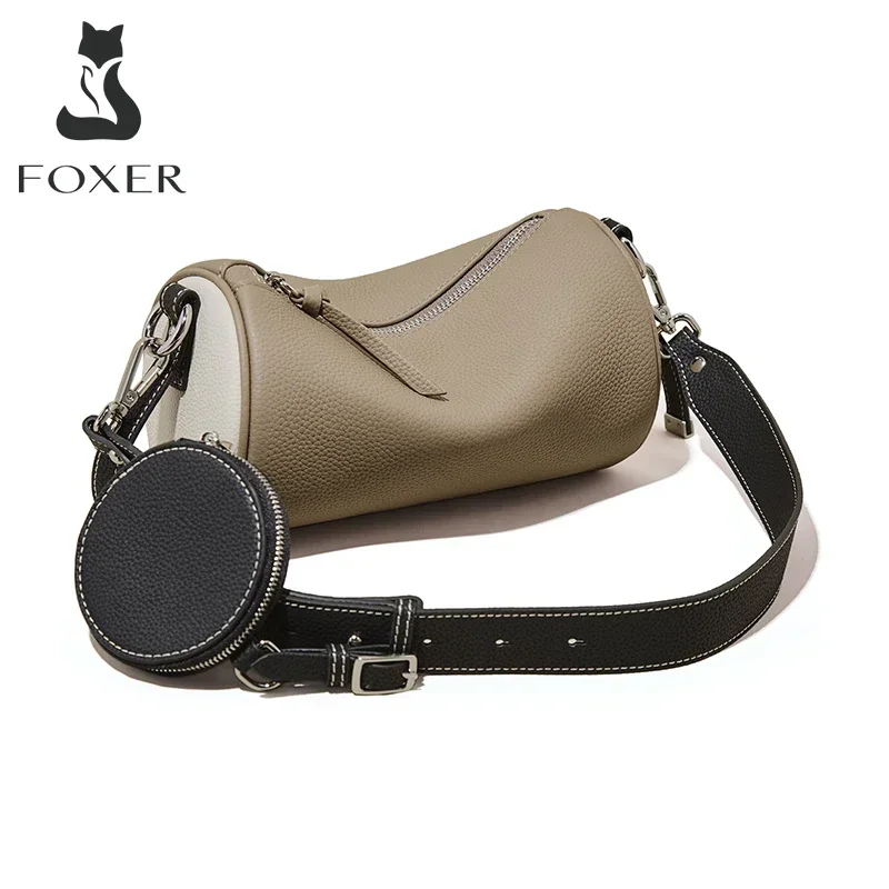 FOXER Women\'s Cowhide Leather 2 in 1 Shoulder Bag Vintage Soft Messenger Bag With 2 Straps Crossbody Underarm Bags Gift For Lady