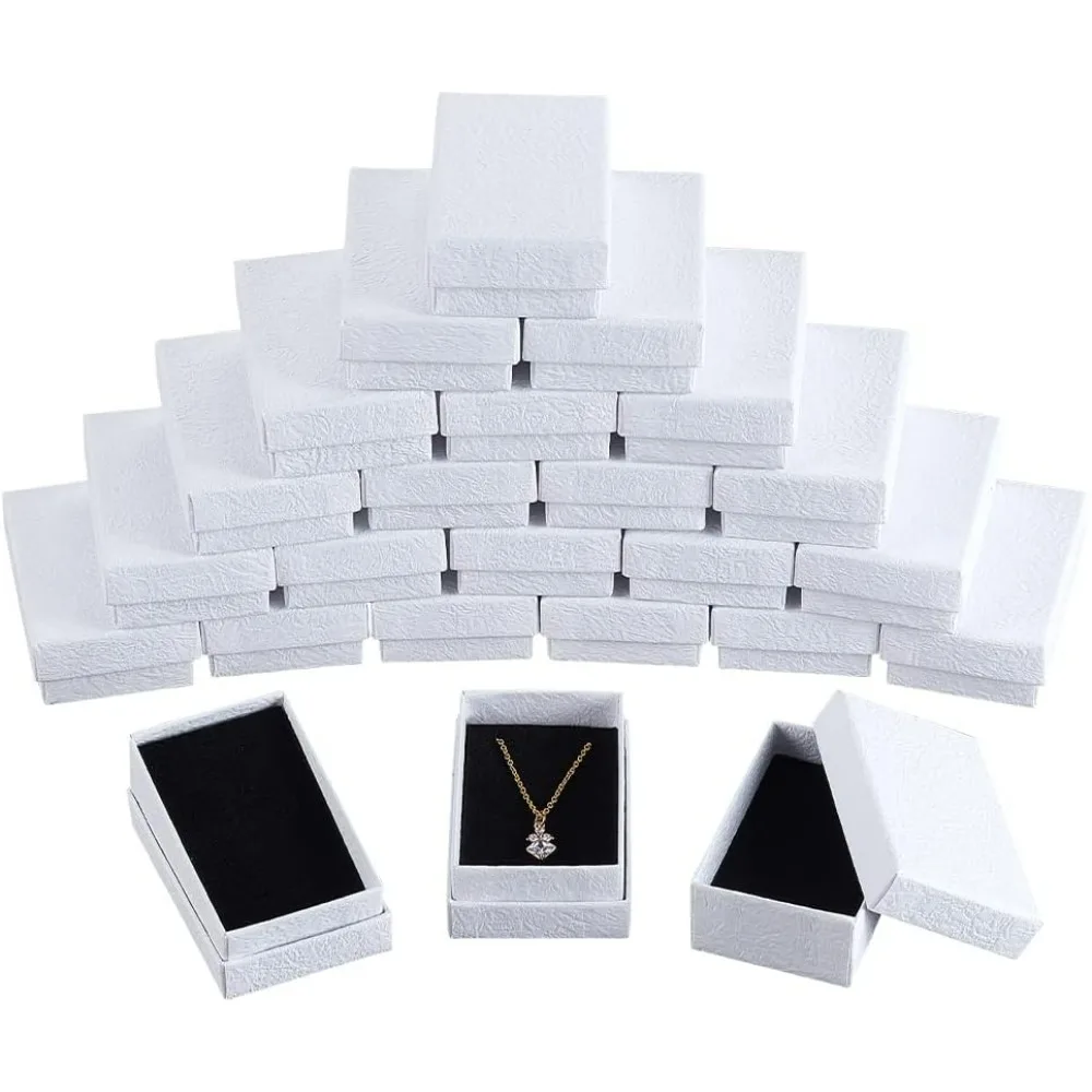 24 Stück weiße Textur-Schmuckschatullen aus Pappe, 3,2 x 5,1 cm, Geschenkbox aus Papier, Kartonverpackungsbox mit schwarzem Schwamm im Inneren für Halsketten