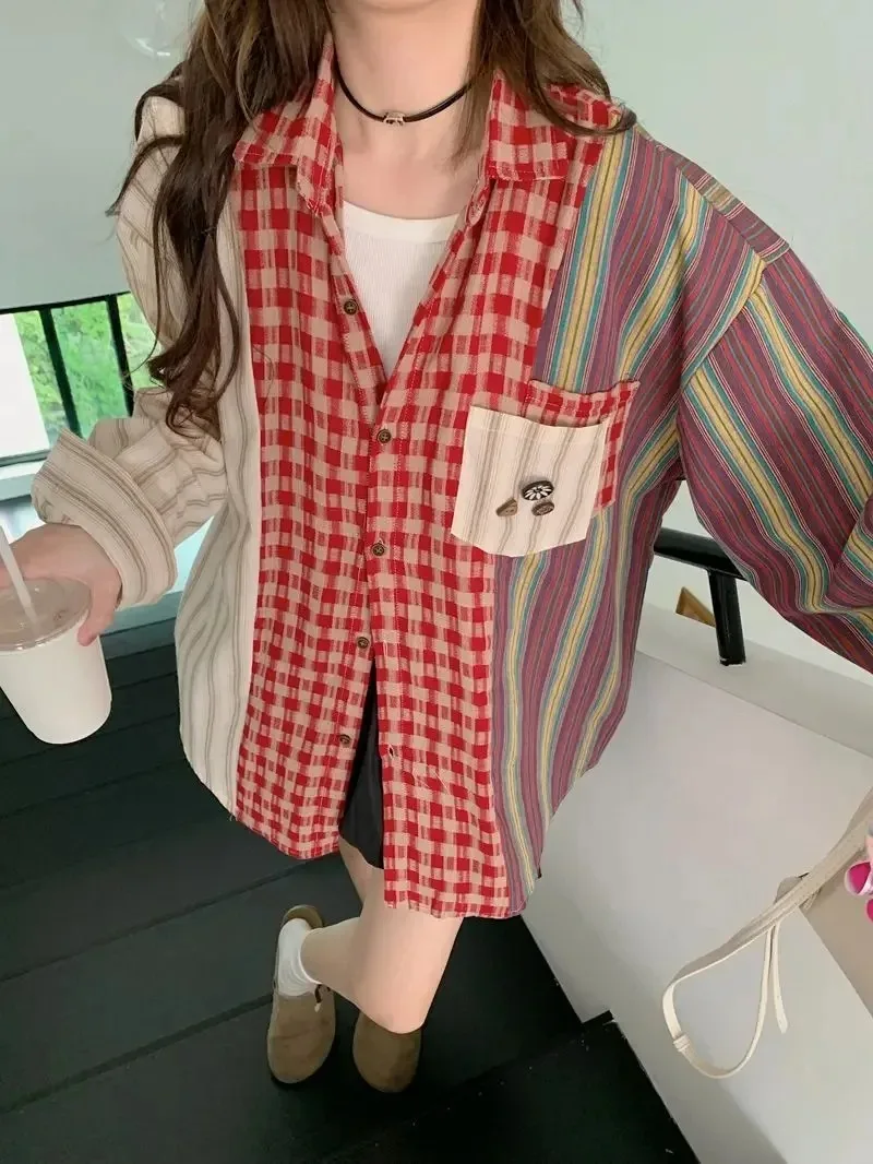 

Subtle Retro Patchwork Design Checkered Long Sleeved Shirt Women's Instagram Trend 2025 Spring Summer Striped Shirt JacketXY129
