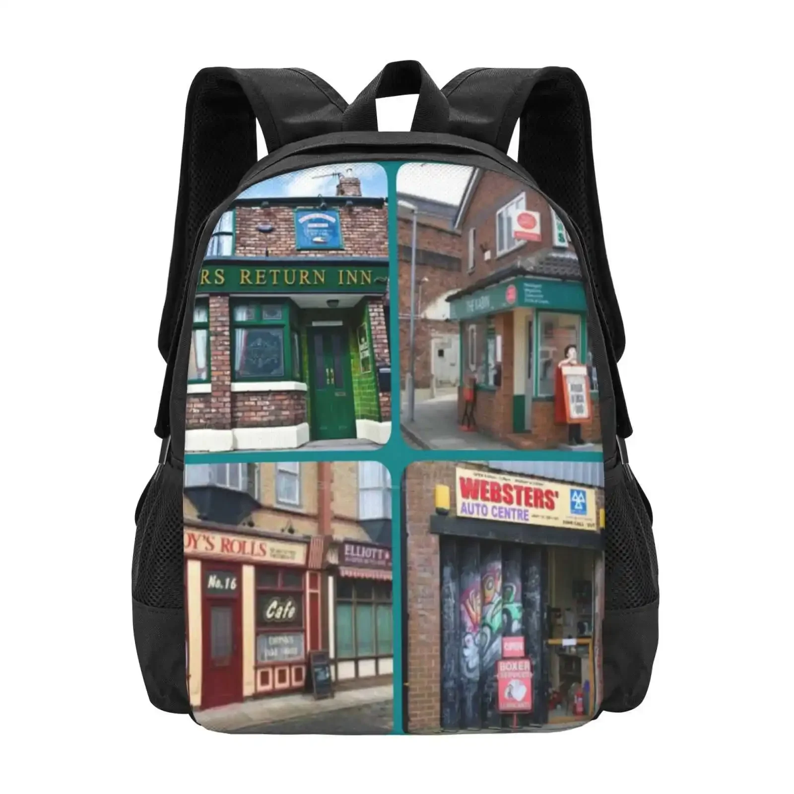 

Corrie Iconic Buildings Hot Sale Schoolbag Backpack Fashion Bags Rovers Return Roys Rolls Kabin Cabin Webster Garage Street