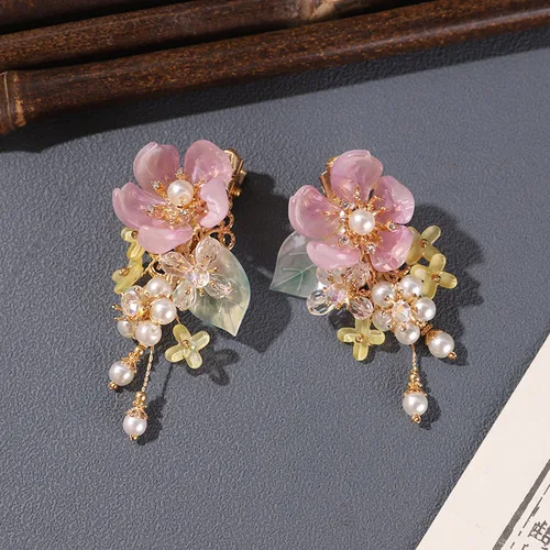 Horquillas de flores púrpuras para mujer y niña, joyería con flecos, horquillas chinas Retro, perlas elegantes, pasadores de dijes de fiesta