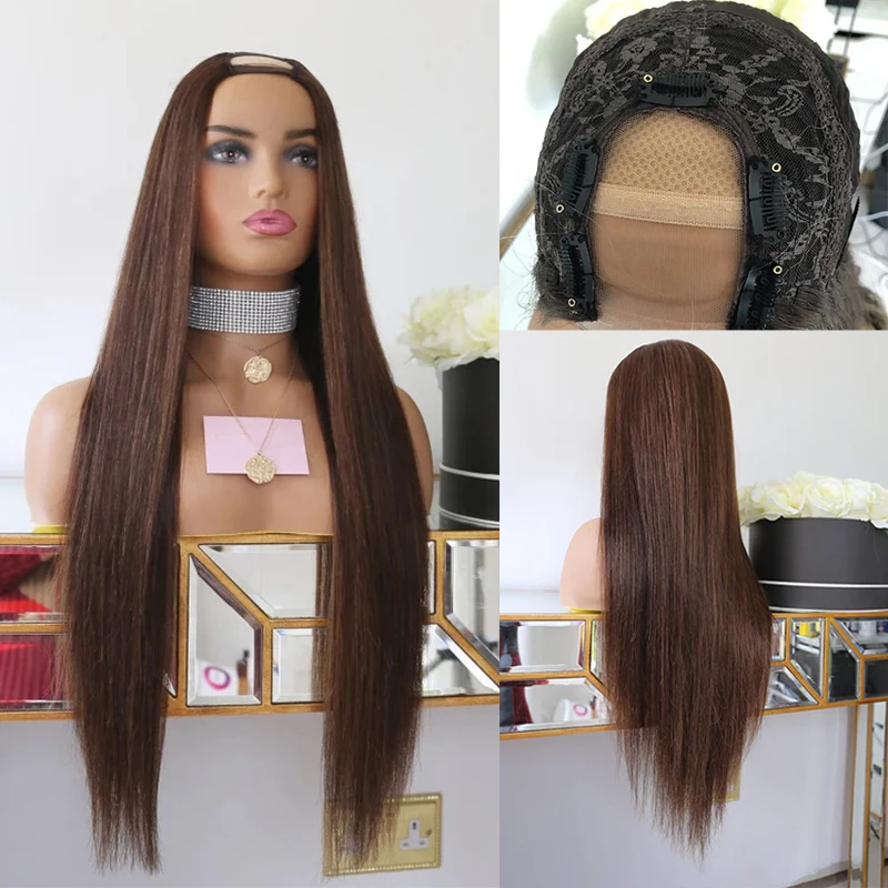 

#4 Warm Light Brown Human Hair U-Part Wig 100% Remy Hair Light Chocolate Brown 200% Thich Silky Straight Hair Wigs Top Sale