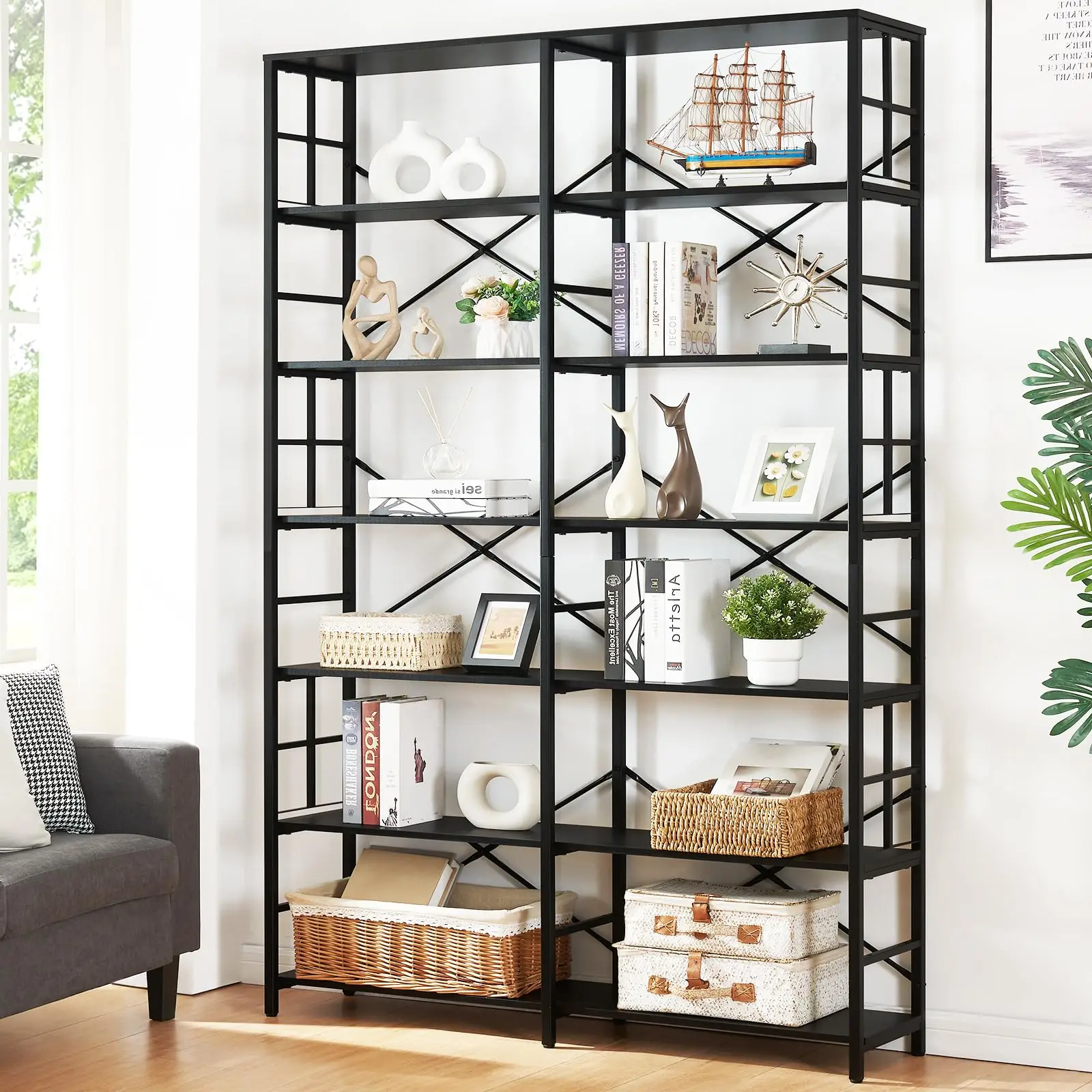 Bookshelf, Industrial Double Wide 7-Tier Bookshelves, 84