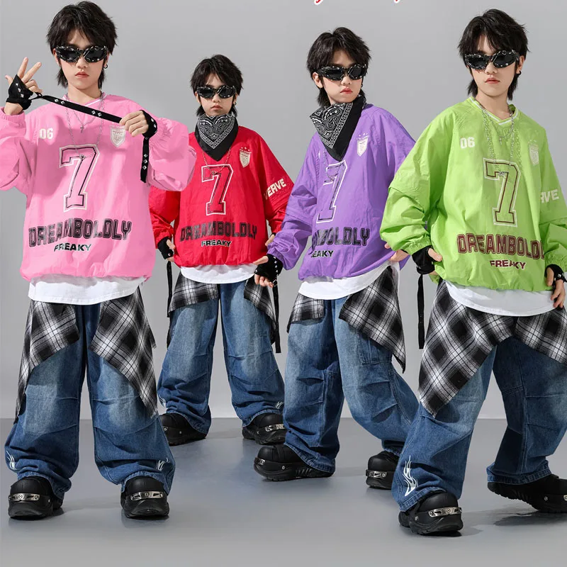 

Детский комплект одежды в стиле хип-хоп, костюм для уличных танцев для мальчиков, костюм для джазового современного танца для девочек, толстовка с принтом ярких цветов, синие джинсовые брюки