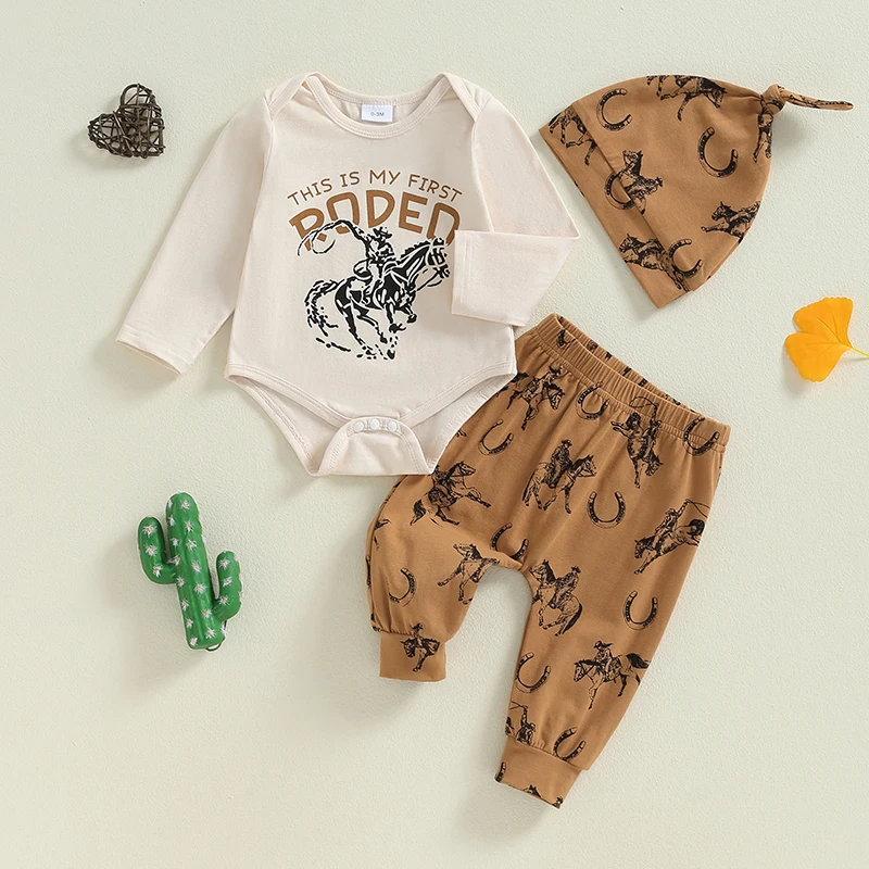 2024-05-30 Lioraitiin  Baby Boys 3PCS Outfit Sets Long Sleeve Letter Print Romper Horse Print Pants Hat Sets