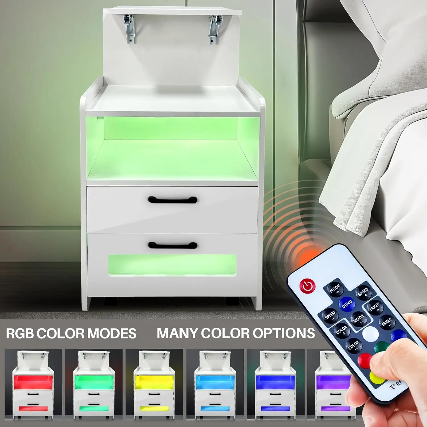 حامل ليلي قابل للتعديل مع طاولة لاب توب قابلة للطي ، حامل بجانب السرير مع عجلات مخفية ، مصابيح ليد ، منفذ شريط طاقة ، منفذ