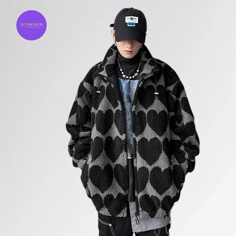 ACOMOSON EU US Size Luxury Quality Leisure Jacket Loose Fit Men Autumn/Winter Black Heart Pattern Fleece Jacket Coat