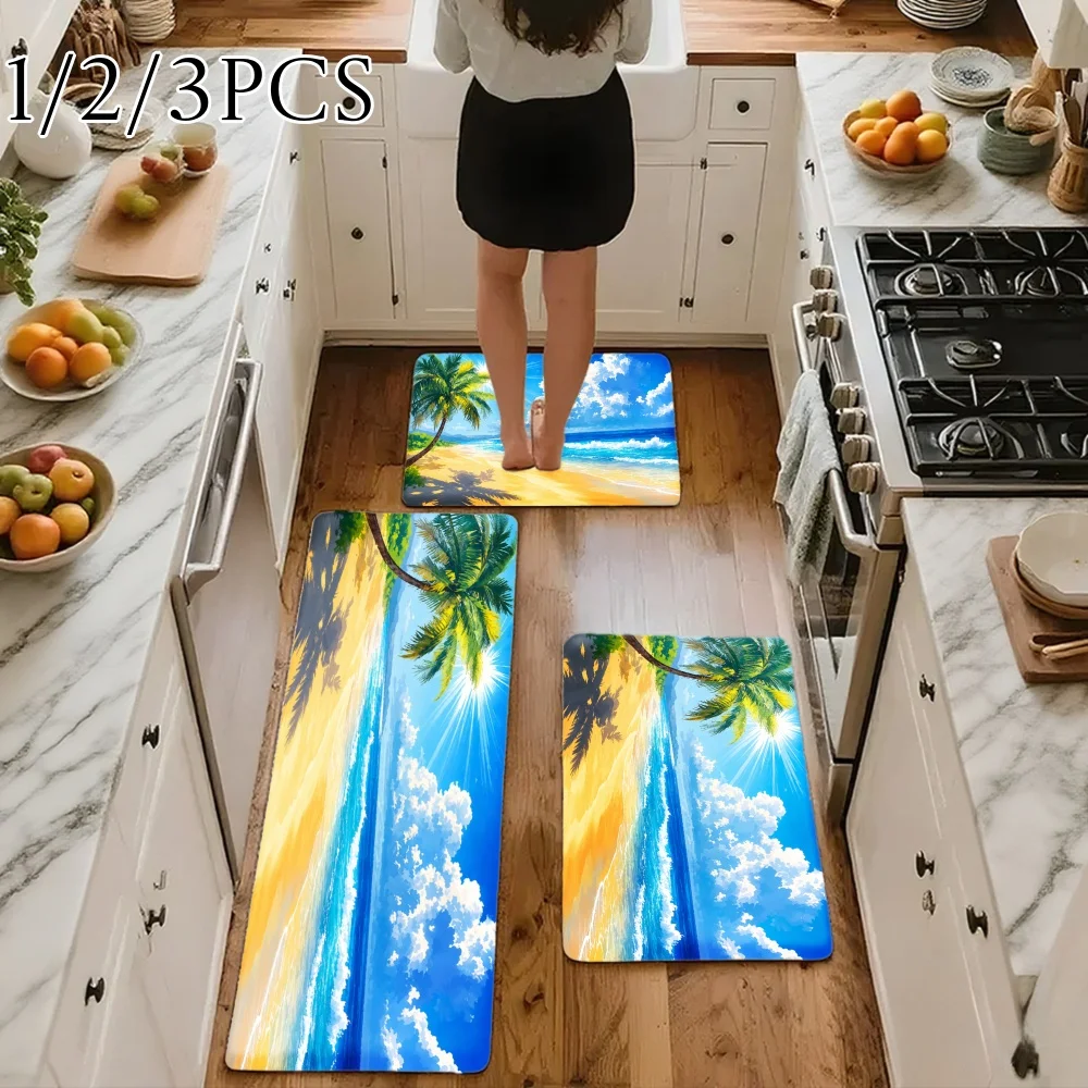 3PCS Kitchen Rugs,Home Decoration for Front Door, Kitchen, Bathroom, Tropical Beach Palm Tree Sky Sunlight Pattern Dining Mat