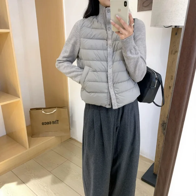 2026 New Solid Women Autumn Winter Short Jackets Loose Knit Combined High Collar Quilted Padded Pockets Button Daily Streetwear