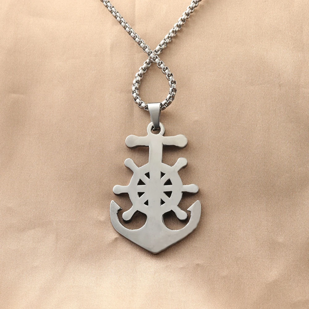 Fashion Retro Creative Anchor Pendant Punk Hip Hop Stainless Steel Men's Rudder Necklace Locomotive Amulet Jewelry Wholesale