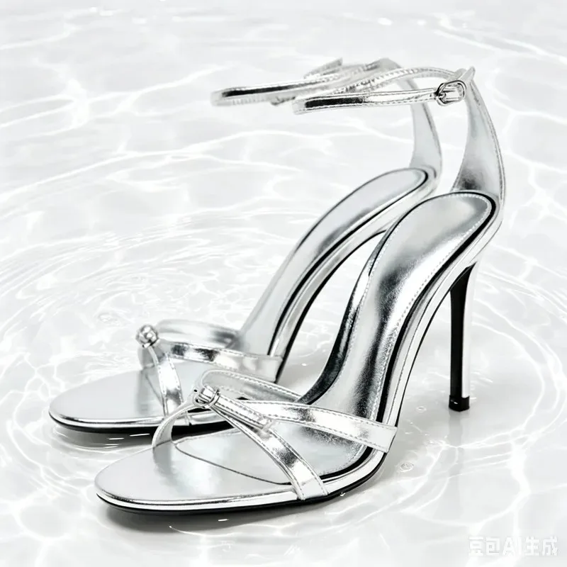 Silver Patent Leather Heel Sandals Women Sexy Open Toe Ankle Strap Buckle Decorate Heels Luxury Designer Shoes Zapatos De Mujer