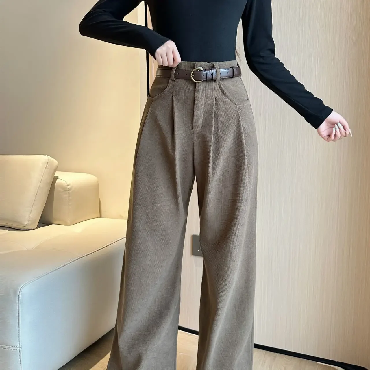 

American Style Zippered Wide Leg Pants for Women Instagram New Drape Feeling Slimming Straight Leg Spring and Autumn Style Girls