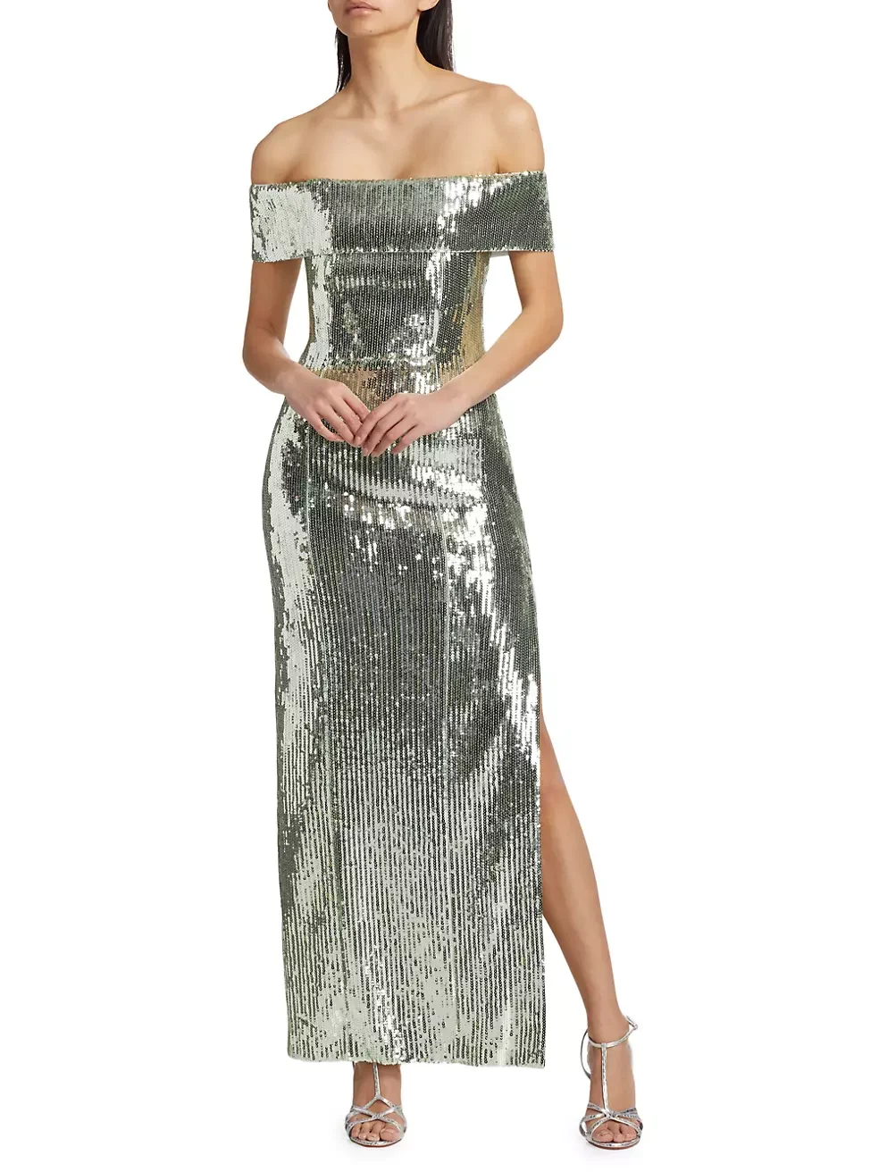 Elegant Gown Dress V-Neck Off Shoulder Maxi Dress Sequin Pleated Waist Tight Evening Party Dress Sexy Split Long Dreses