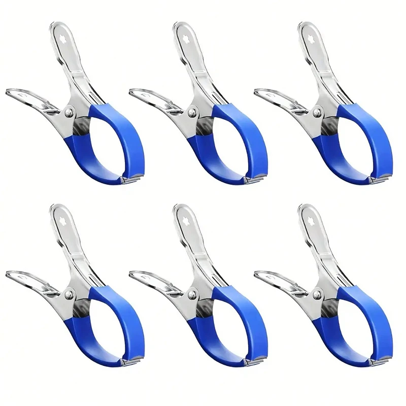 6 Pieces Durable Stainless Steel Pool Cover Clips with Blue Plastic Handles - Heavy Duty Windproof Spring Clips for Secure Above