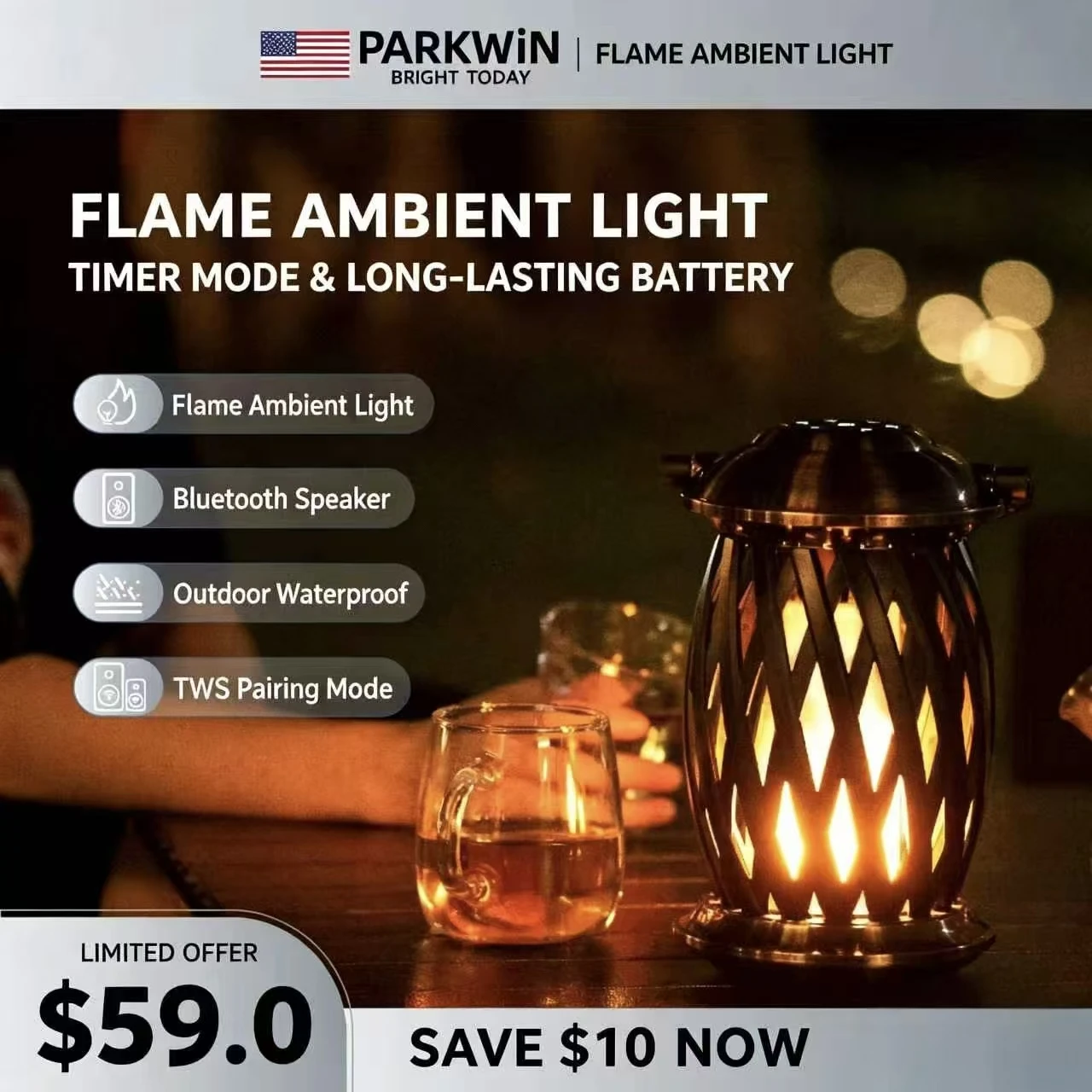 PARKWiN Rechargeable Flame Light Bluetooth Speaker, HIFI Stereo 3600mAh, 30H Lighting Portable LED Ambient Lamp for Home Party