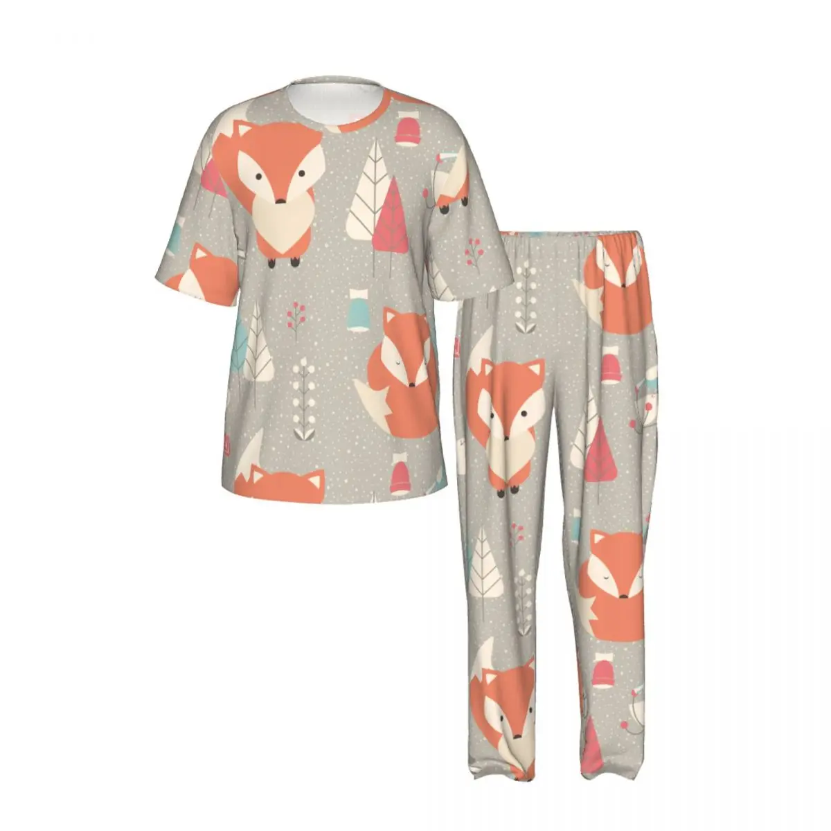 Men Pajamas Suit Short Sleeved Long Pants Fox Pattern Sleepwear Summer Home Clothing Set