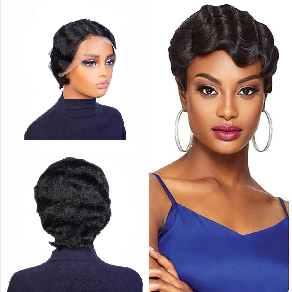 شعر مستعار بموجات الأصابع، شعر بشري قصير بقص عابث، باروكات شعر بشري برازيلي للنساء، مصنوعة آليًا بالكامل، جاهزة للارتداء #4