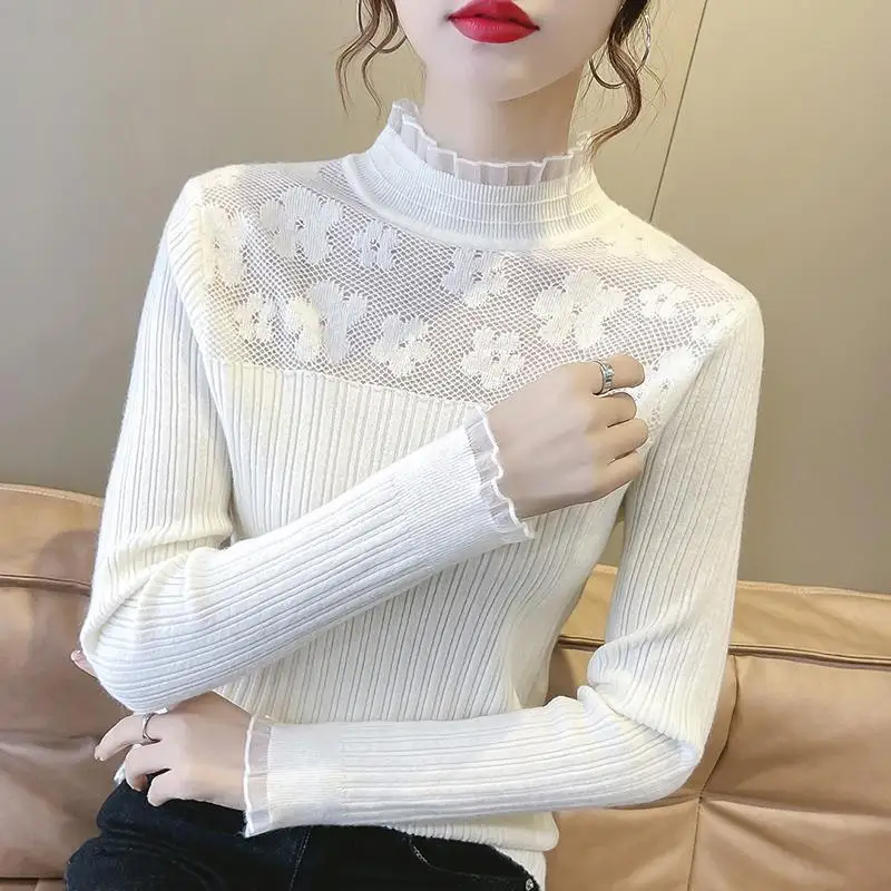 Women's Clothing Spring Autumn Half High Collar Hook Flower Hollow Solid Lace Patchwork Pullover Casual Sweater Knitted Top