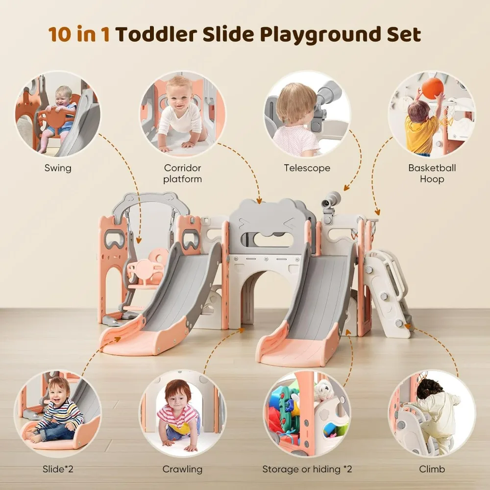 10 in 1 Toddler Slide, Jungle Double Slide Playset with Basketball Hoop, Tunnel and Storage Space, Outdoor Indoor Slide