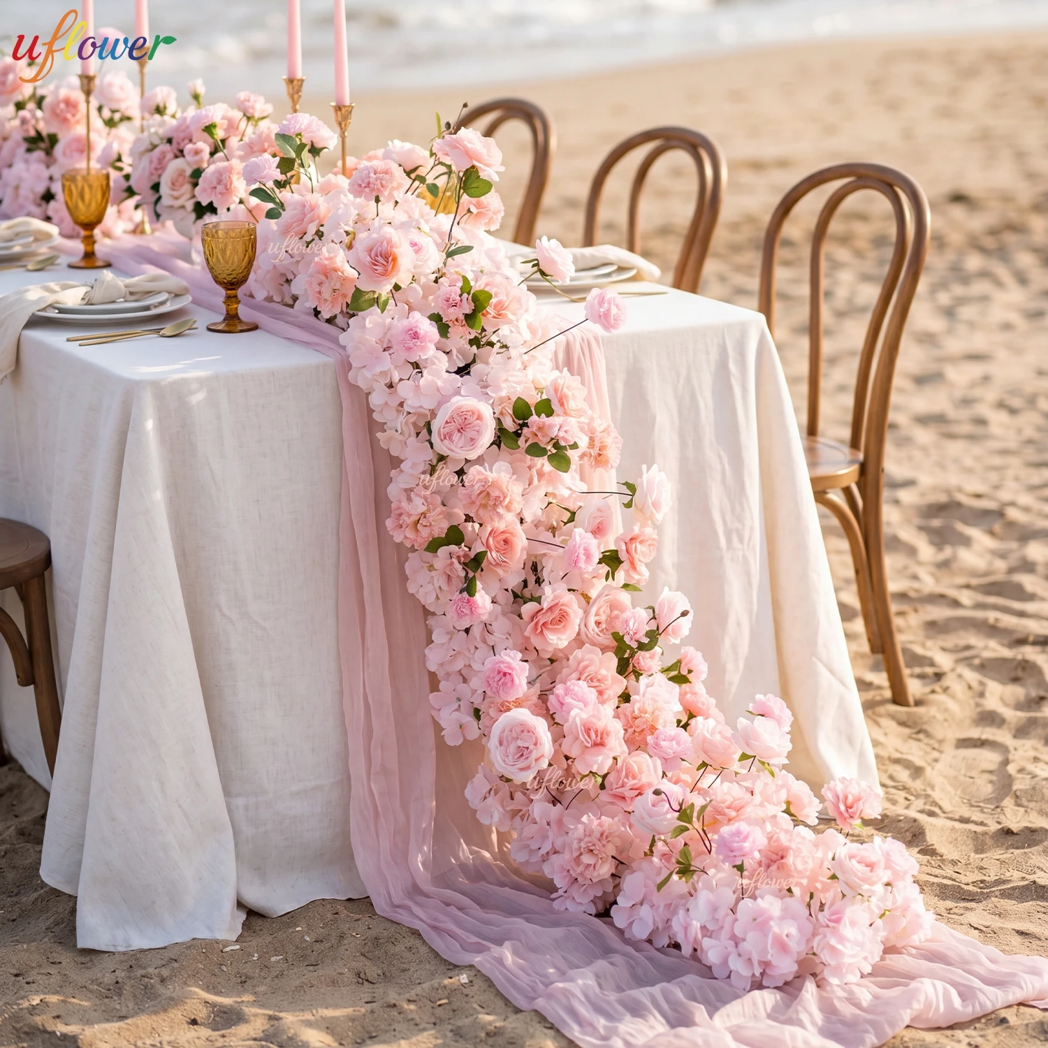 Uflower Artificial Pink Rose Flowers Luxury Flower Row for Table Centerpiece Wedding Party Backdrop Wall Decorations Event Prop