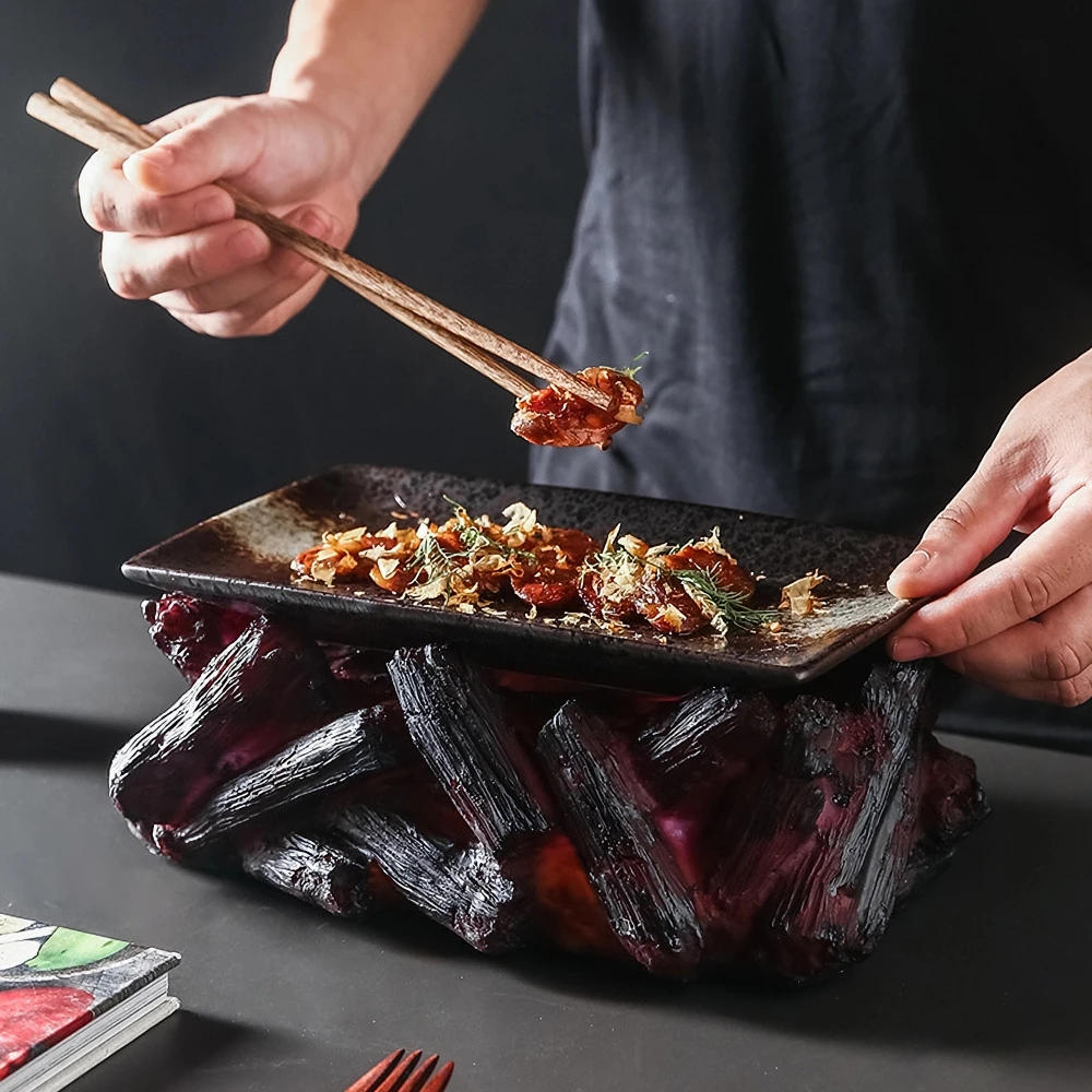 Simulation Volcanic Charcoal Modeling Barbecue Plate Ceramic Plate Charcoal Barbecue Meat Dry Ice Hotel Restaurant Tableware