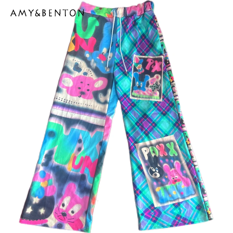 

New American Floral Y2K Sweet Cool Hot Girl Women's Long Trousers Original Design Loose Slimming Versatile Flared Pants Ladies