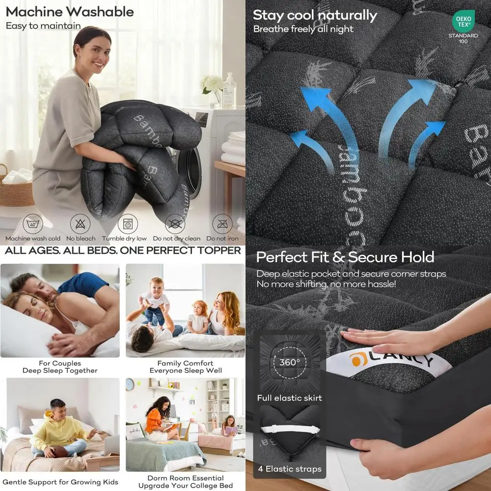 

Bamboo Viscose Cooling Pillow Top Mattress Topper for Back Pain Relief, Plush Bed Pad with Deep Pocket, Dark Gray