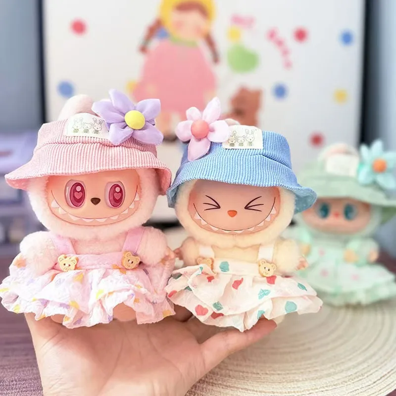 Untuk Pakaian Boneka Labubu 17Cm Rok Keriput Set Jepit Rambut Bunga Topi Nelayan Pakaian Labubu Ropa Labubu