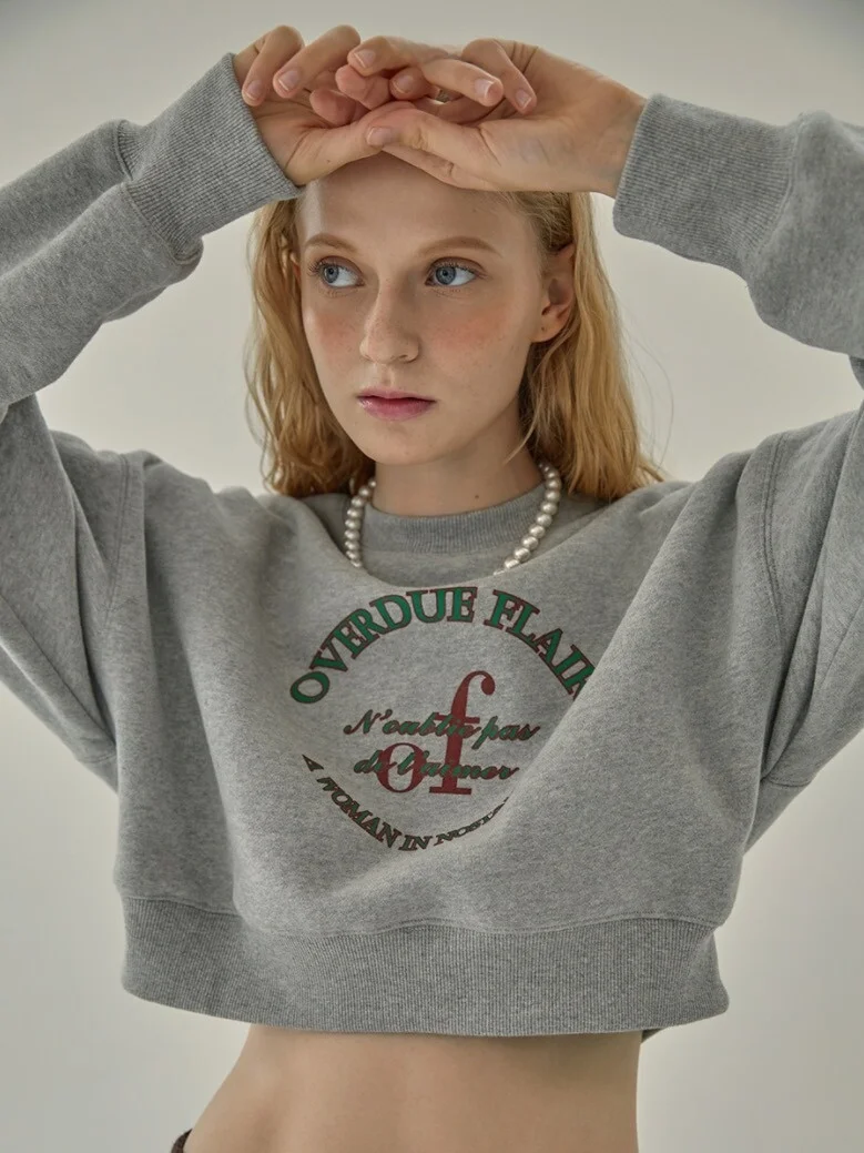 

Корейский свитшот Ovefla с принтом, из хлопка, ультракороткий, с круглым вырезом, женская повседневная уличная одежда