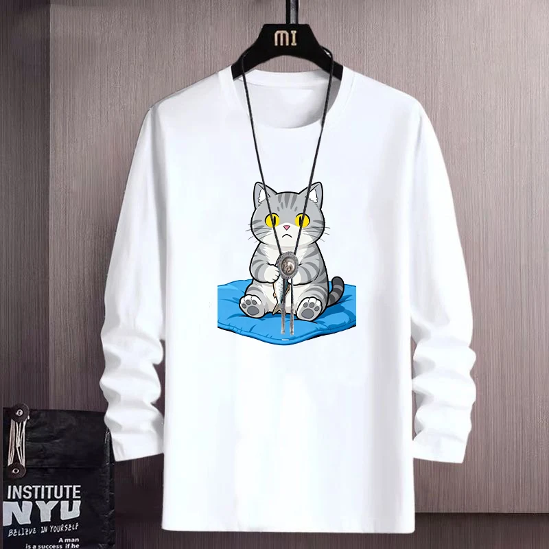 

Мужская футболка из чистого хлопка с длинным рукавом, свободного кроя, с принтом, в американском стиле, модная, молодежная, дышащая, трендовая.