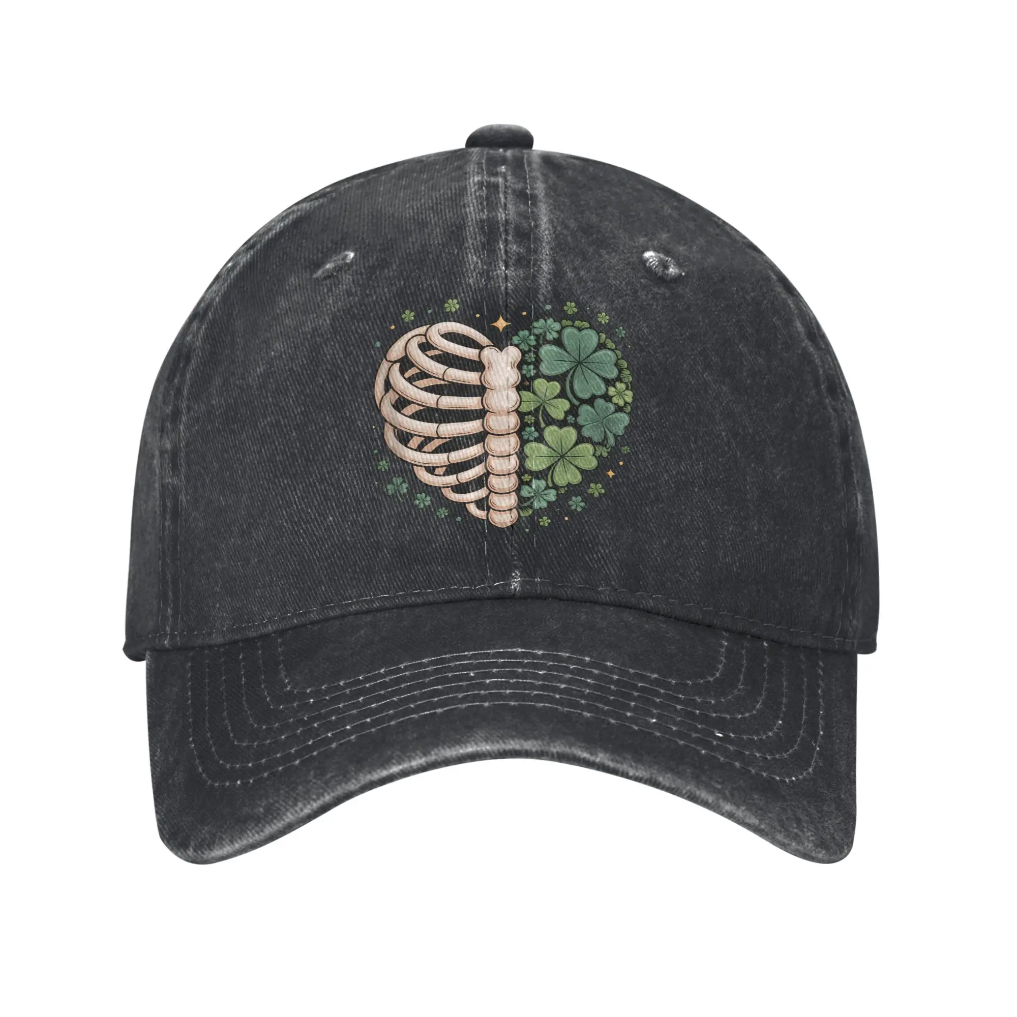 

Lucky Bones Shamrock Skeleton Ribcage Heart Washed Baseball Cap Cute Sun Trucker Hat Summer Women Outdoor Gym Baseball Caps