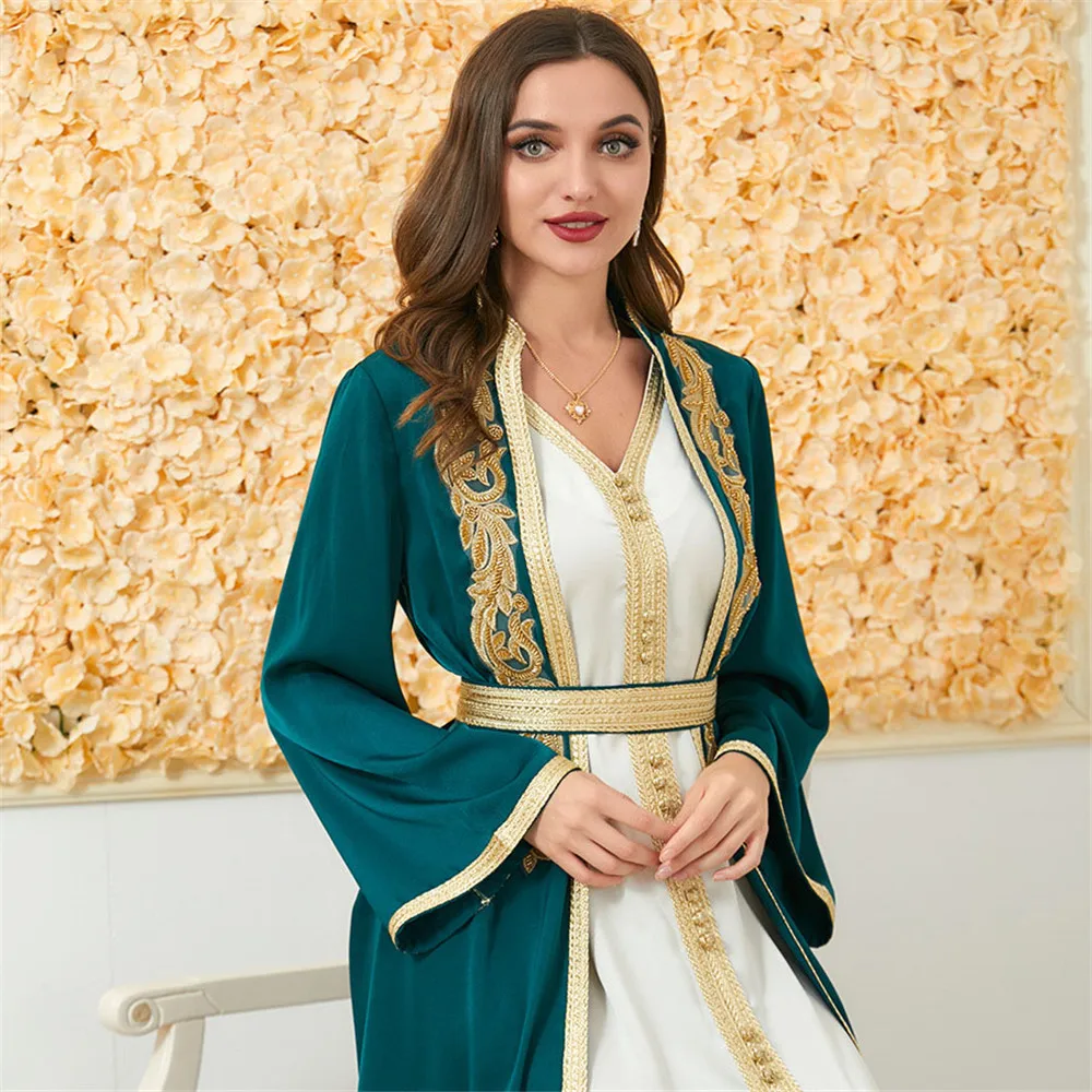 Elegant Women Embroidery Open Abayas 2 Piece Set Ramadan Maxi Dress Kimono Kaftan Dubai Islam Morocco Eid Party Outfits Vestidos